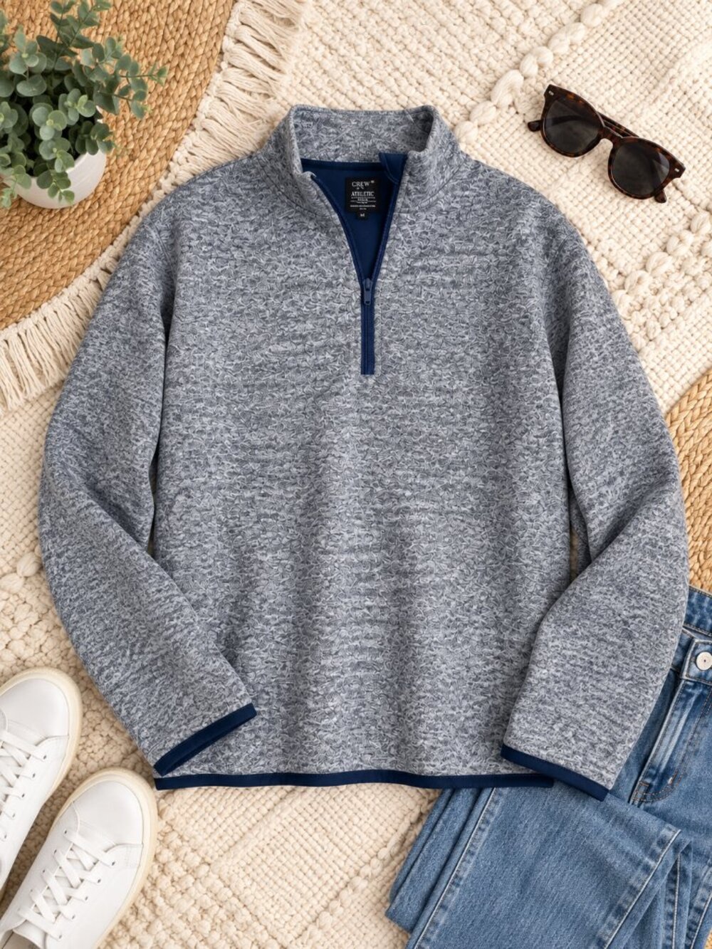 J.Crew Size Medium Gray Heather Quarter Zip Pullover Sweater Navy Trim